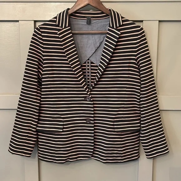 J. Crew Maritime Blazer Jacket Black Tan Stripe Button Front Cotton Knit Medium - Picture 2 of 8